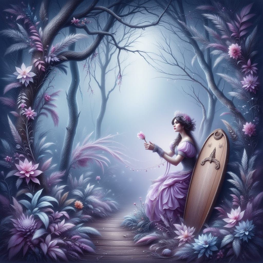 Purple and blue renaissance art depicting a muse playing the...