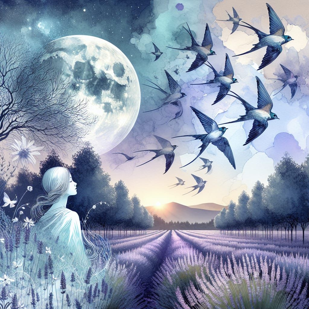 Blue Forest Moonscape with Swallows in Watercolour Style
