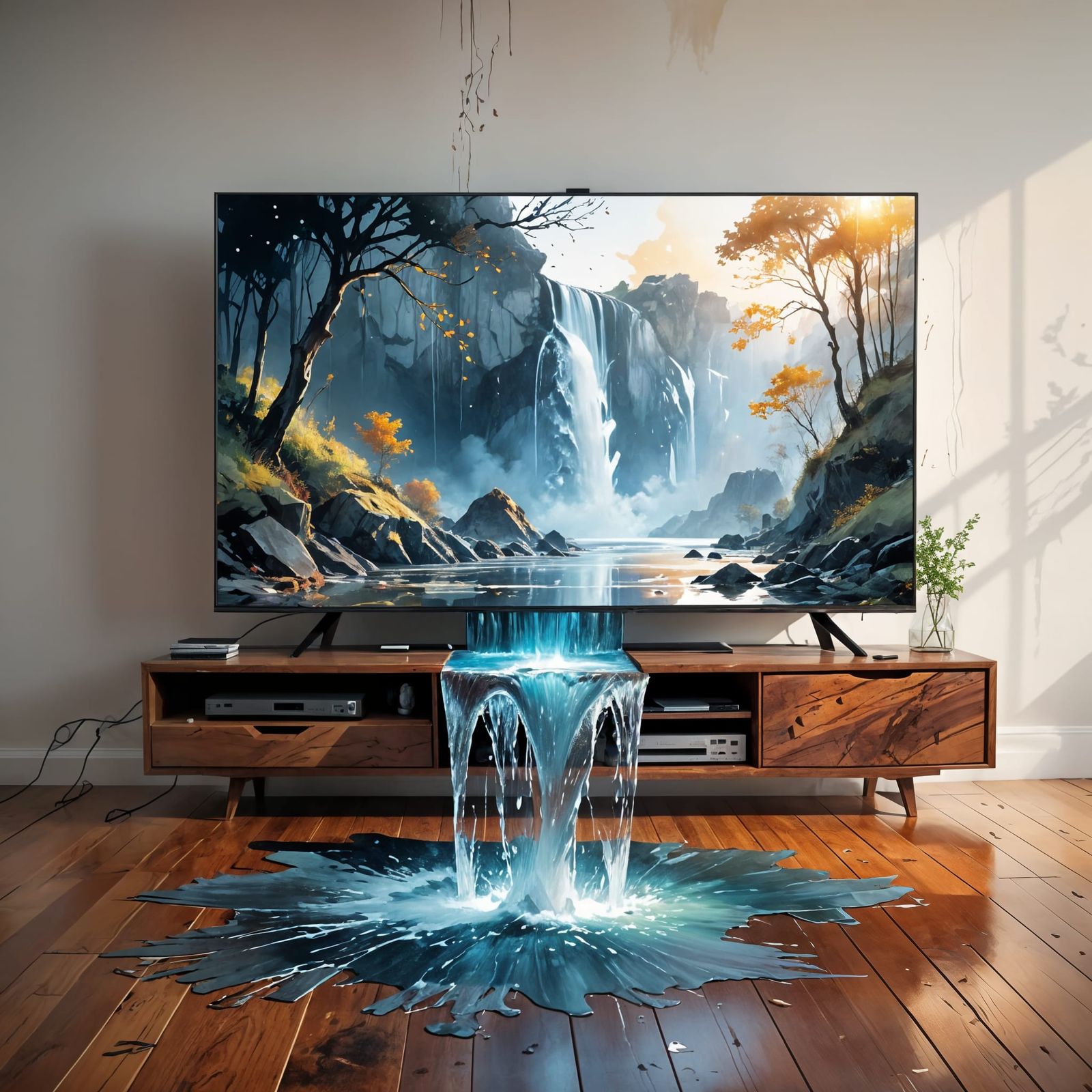 Surreal Waterfall TV in Futuristic Style