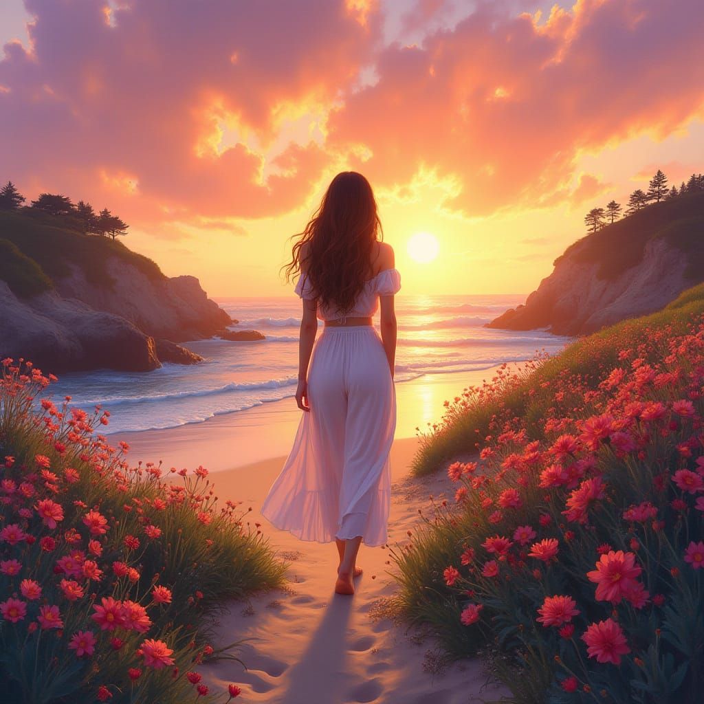 Surreal Sunset Scene on Carmel Beach with Vibrant Florals