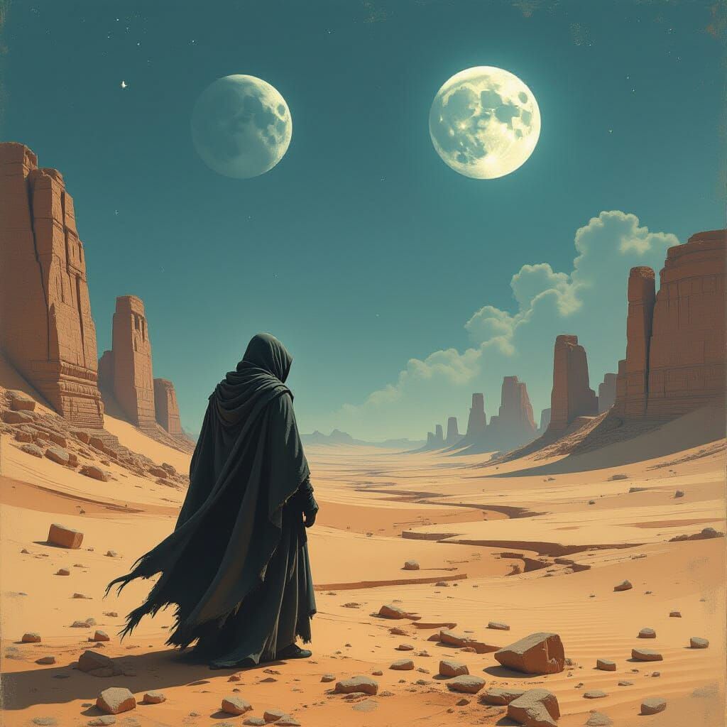 Desert Wanderer Under Twin Moons, Romanticism Style