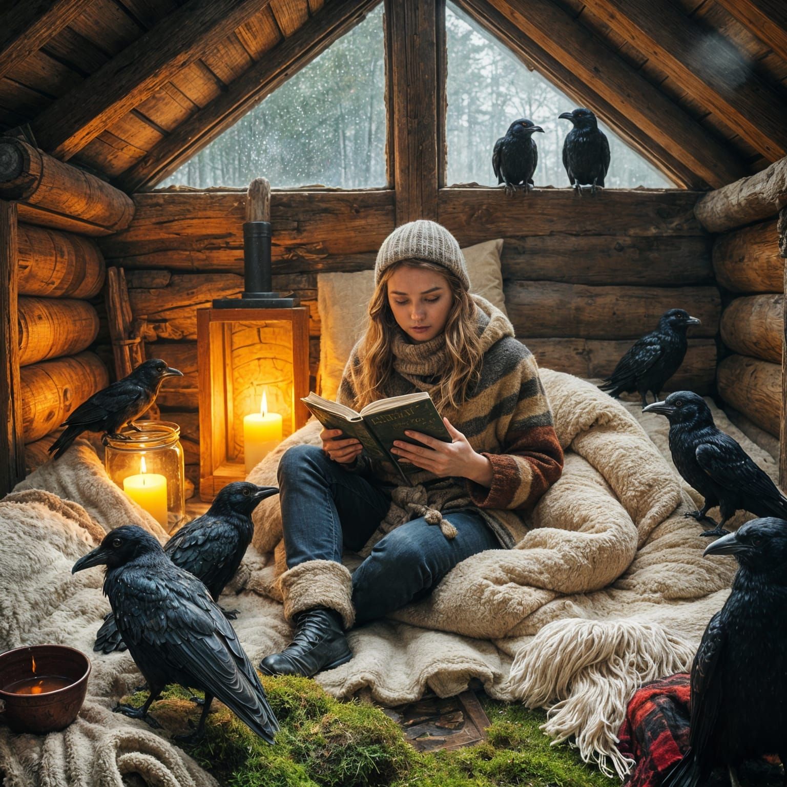 Cozy Scandinavian Reading Nook with Ravens