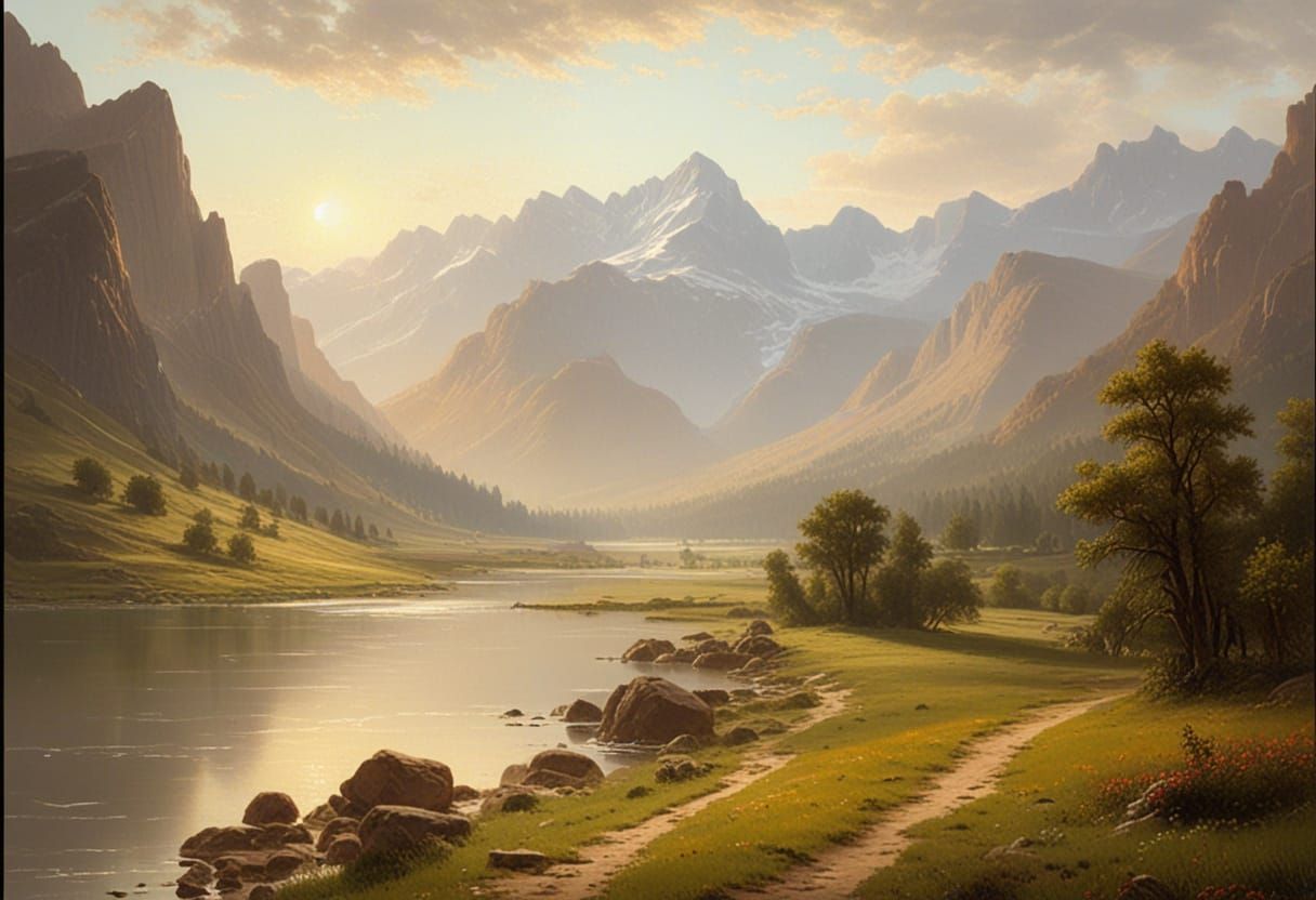 Serene Mountain Valley Landscape in Oil Painting Style