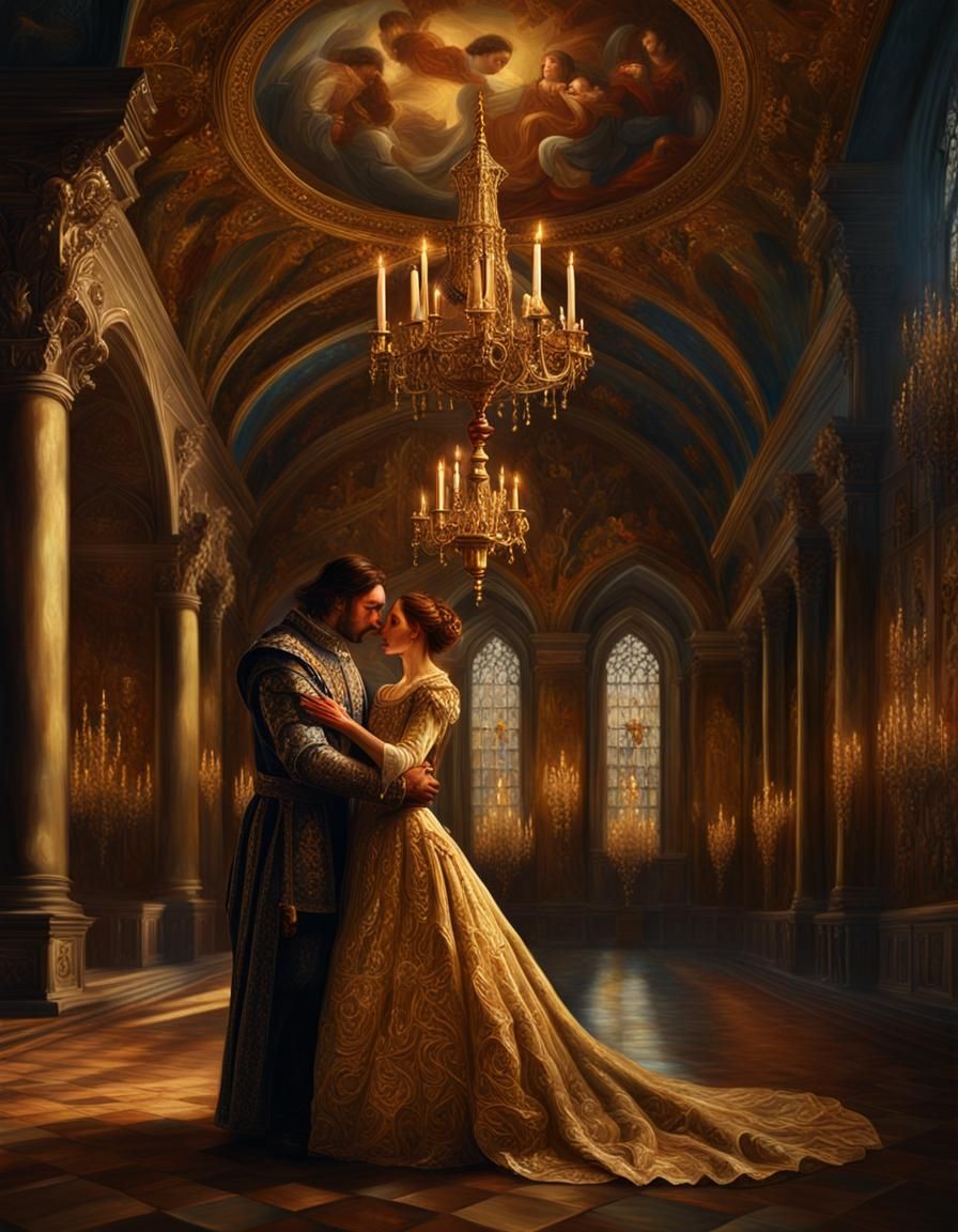 Medieval Couple Embrace in Baroque Oil Painting