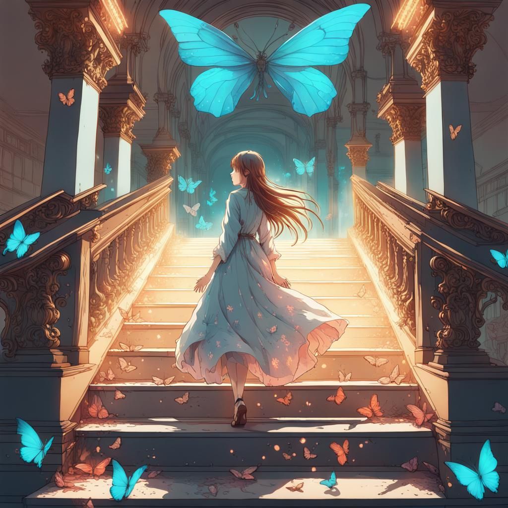 poster of beautiful shy princess anastasia going down the steps in a bioluminescent glow dreamy russian palace with expl...