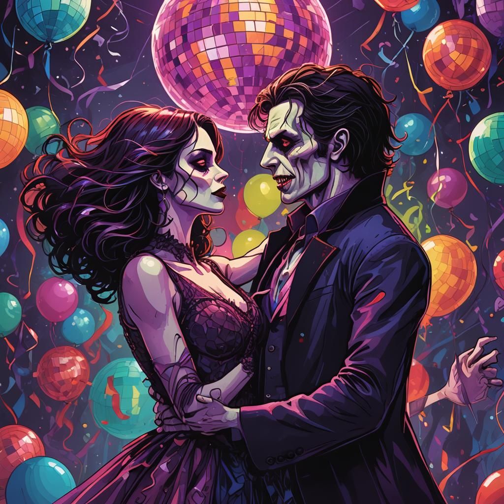 A vampire and a zombie slow dancing under a disco ball, surrounded by streamers and balloons, detailed matte painting, d...