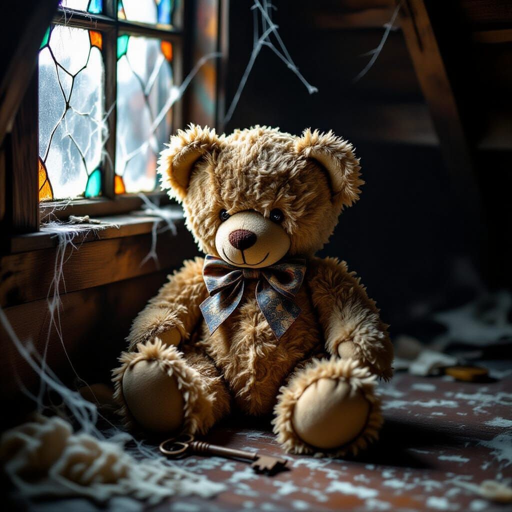 Tattered Teddy Bear with Rusty Key in Dusty Attic