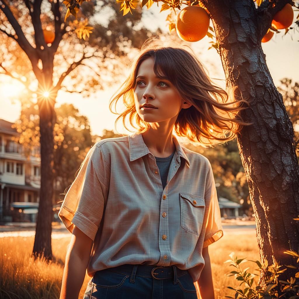 Cinematic Sunset Portrait of Woman in Casual Shirt