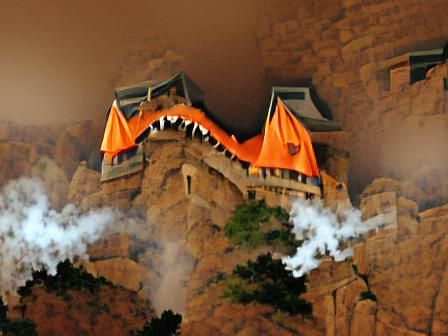 Surreal Castle Landscape with Dragon and Elevator