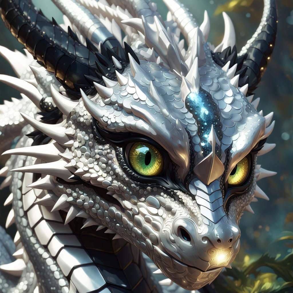 Anime Dragon Portrait in Silver and Black