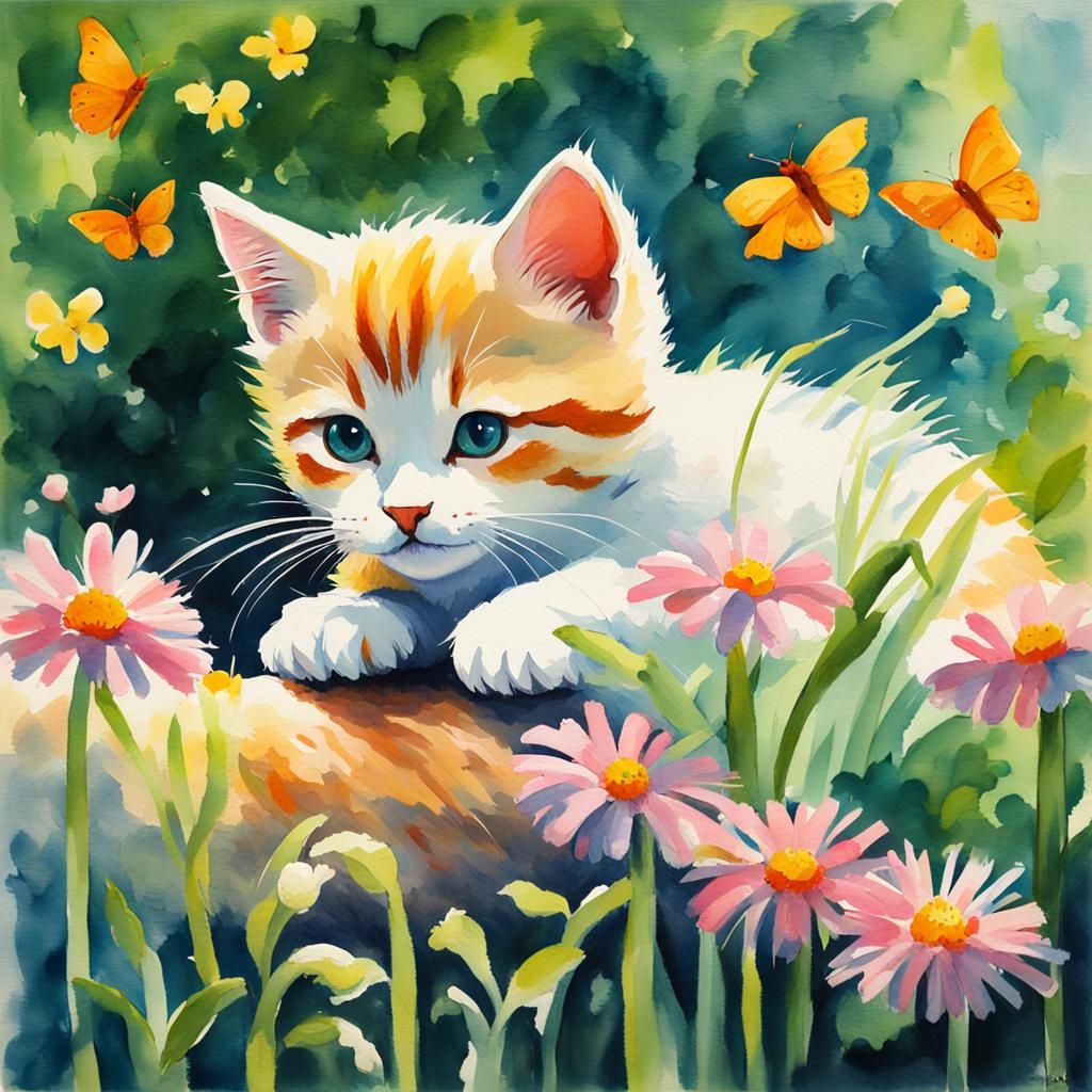 Kitten and Butterfly: Watercolor Impressionist Garden Scene