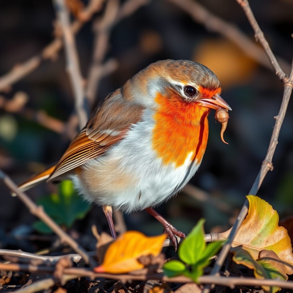 Robin Redbreast Eating Worm in Macro Shot