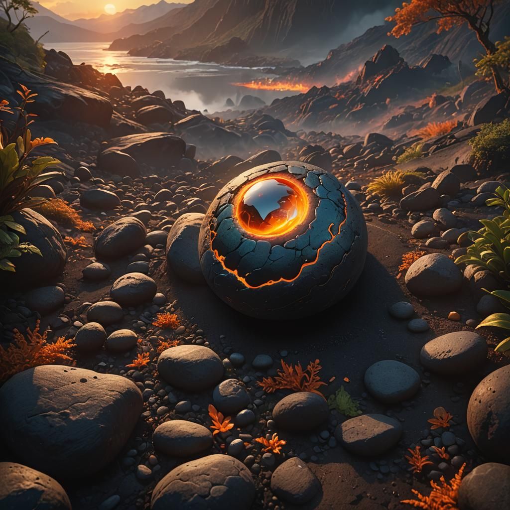 Glowing Pebble in Volcanic Landscape: Fantasy Art
