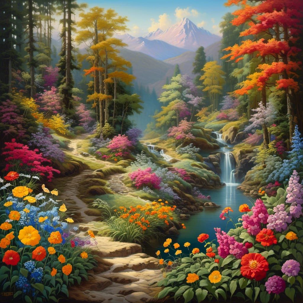 <lora:Pop Surrealism:1.0> Enchanting, hyperdetailed mixed media, fairy tale forest, pink leaved trees, multi colored tre...