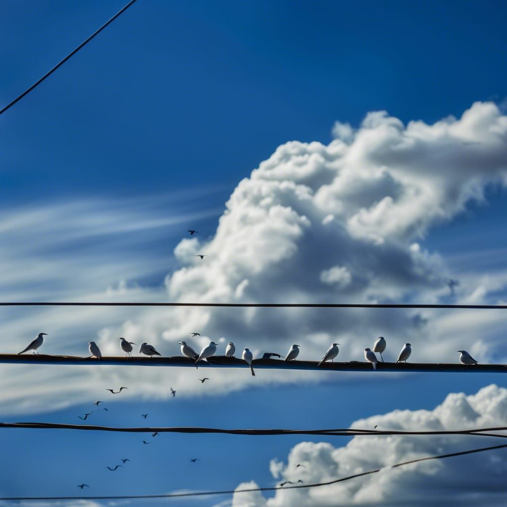 White birds on black wire! Blue skies late afternoon sun! Cl...