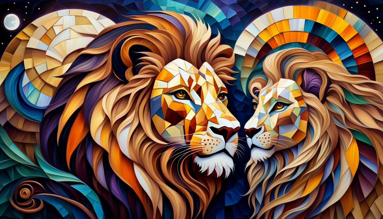 Art Deco Lion Mosaic Under Moonlight