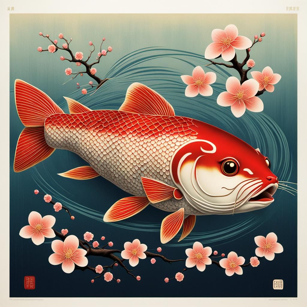 minimalist Japanese graphic design;kabuki catfish poster;melodramatic;Naoto Hattori;sakura;clear gloss varnish