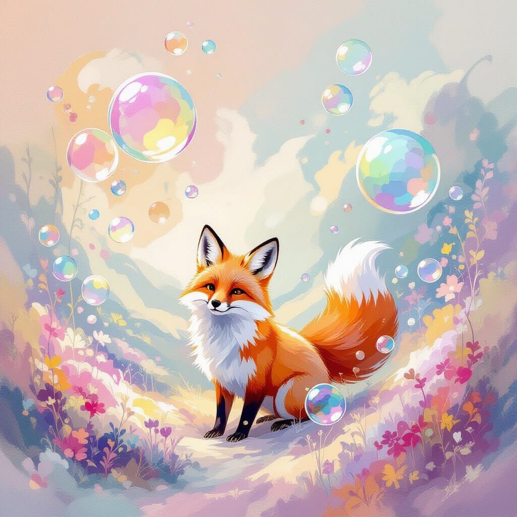 Playful Fox Made of Iridescent Bubbles in Pastel Landscape