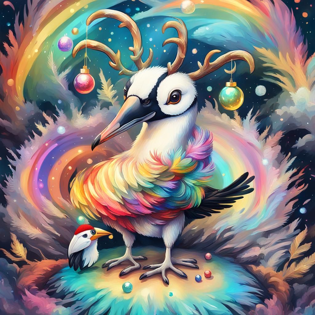 Christmas Puffin with Antlers in Triadic Colors