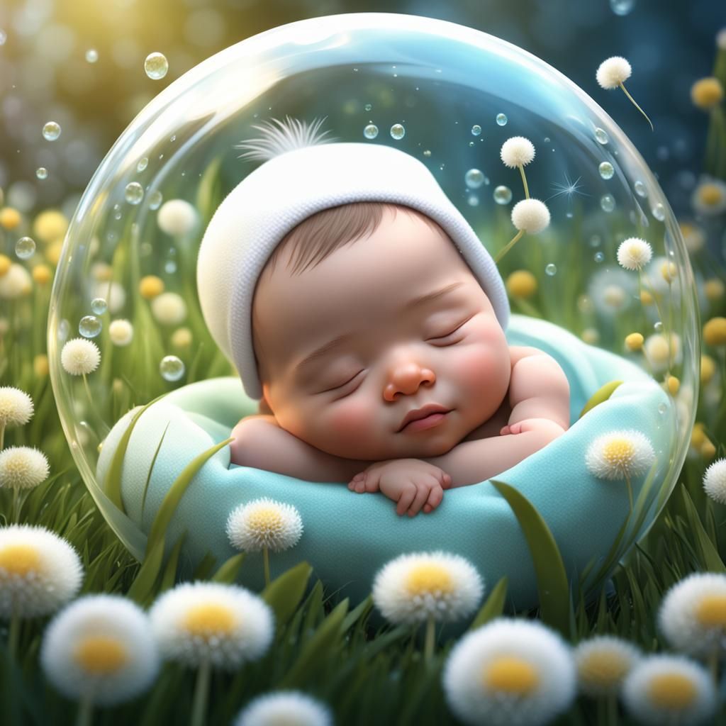 Baby Sleeping in Bubble with Dandelions: 3D Digital Art