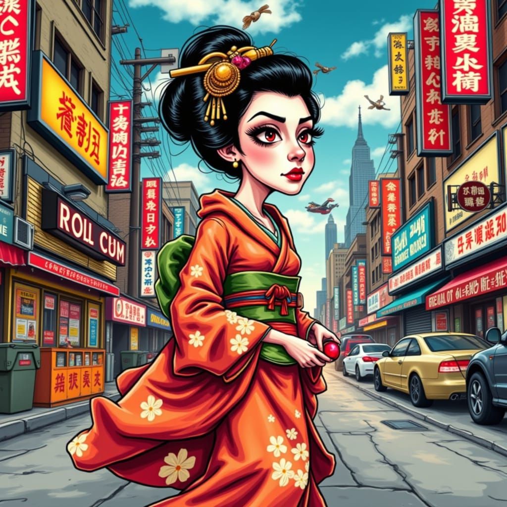 Geisha Caricature in Futuristic Cityscape