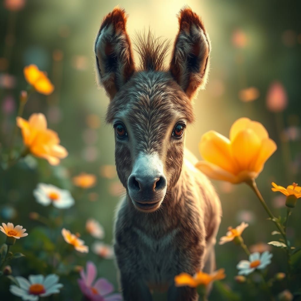Dreamlike Donkey Baby in Lush Fantasy Landscape