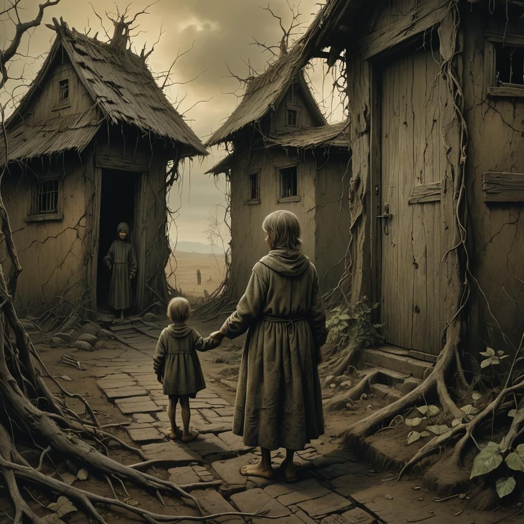 Sorrowful Mother and Child in Dark Fantasy Style