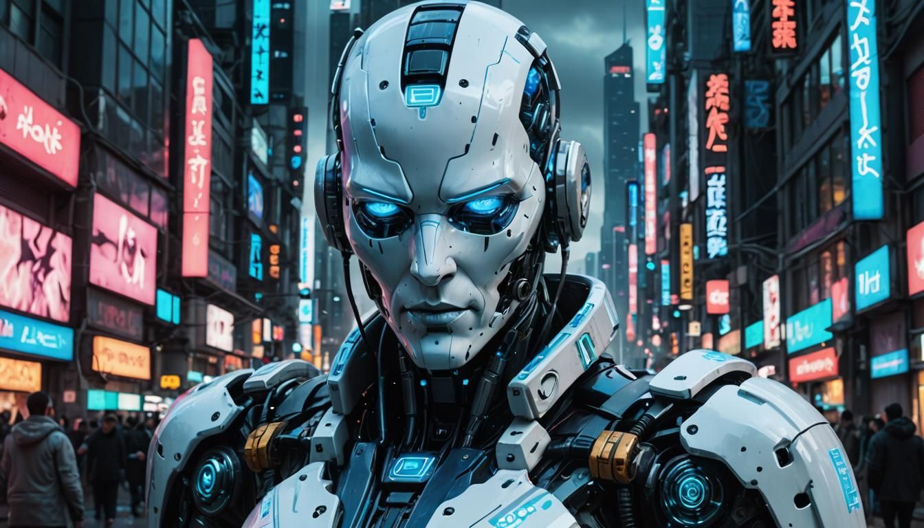 Cyberpunk Android Victorious in Dystopian Cityscape