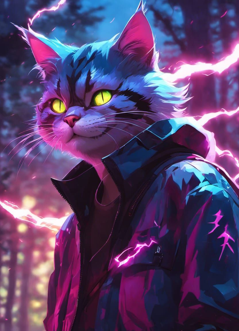 Cheshire Cat in Glowing Techwear, Anime Style