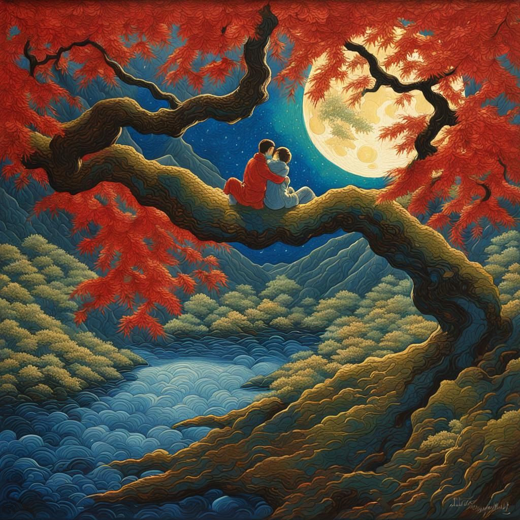 Lovers in Moonlit Maple Leaves: Impasto Gouache Art