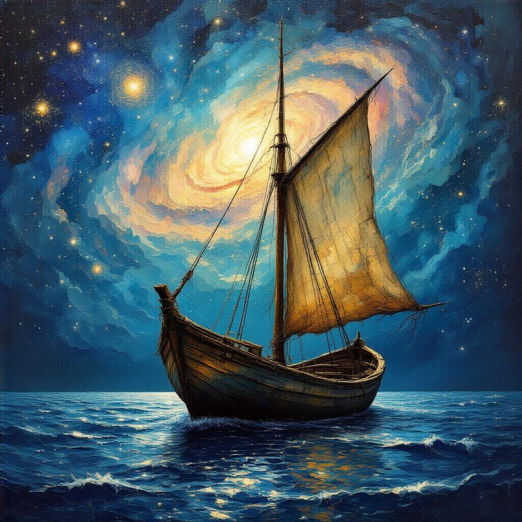 Ancient Sailing Boat on Starlight Sea in Textured Oil Painti...
