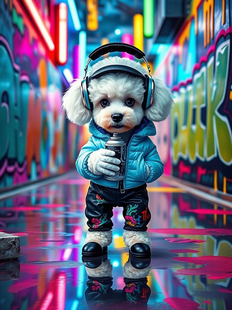 Poodle Puppy Graffiti Artist in Neon Cyberpunk Alley