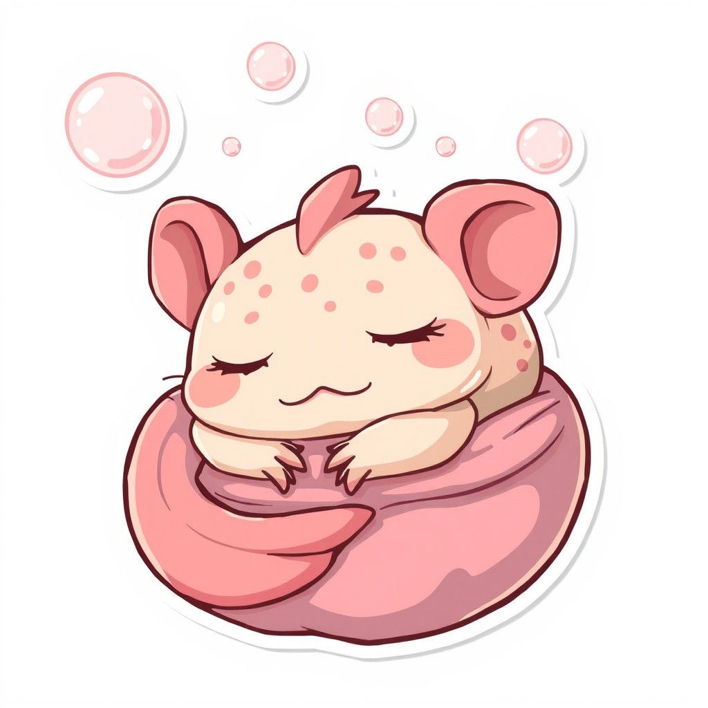 Sleeping Axolotl in Dream Bubbles: Cartoon Sticker Art