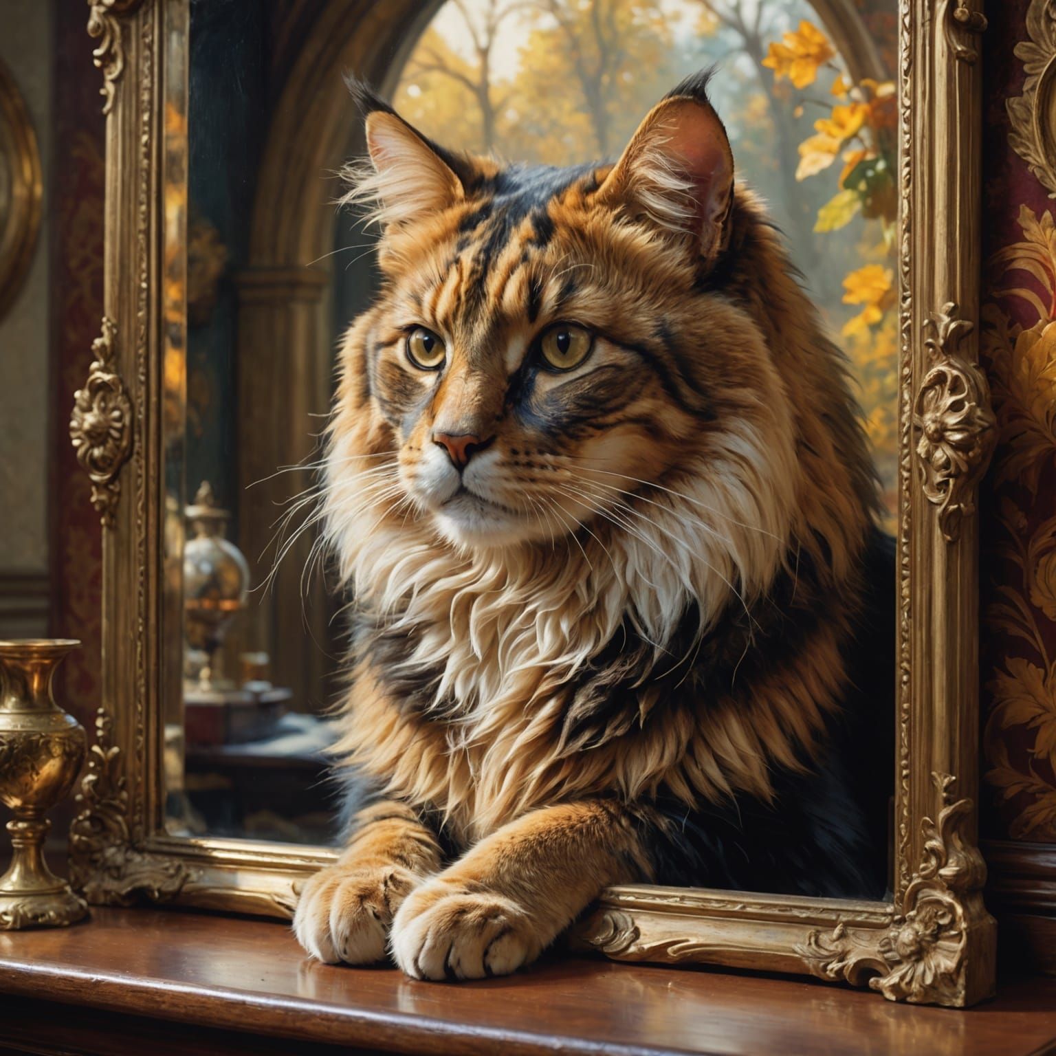 Calico Cat Mirror Reflection as Oil Painting