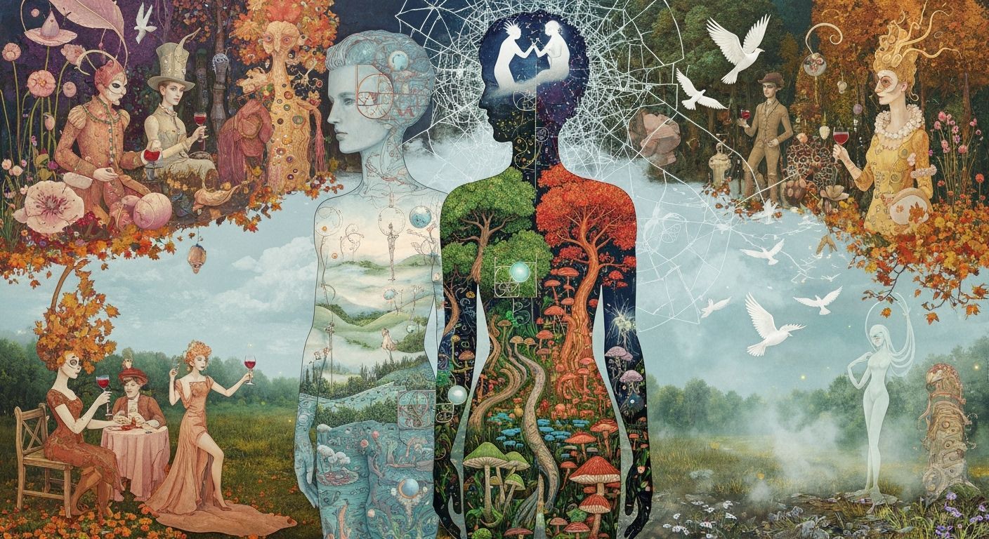 Surreal Garden Party in Bosch and Klimt Style