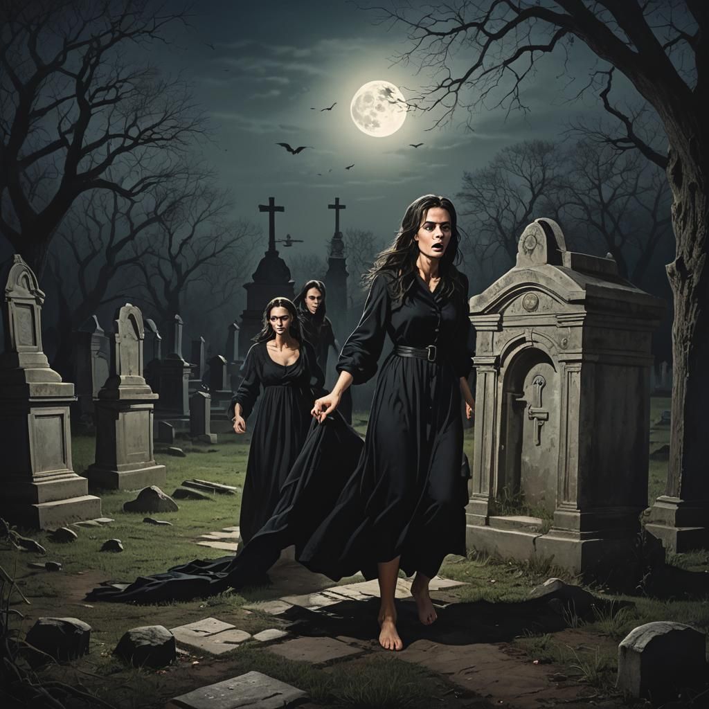 Terrified Woman Hiding in Gothic Cemetery