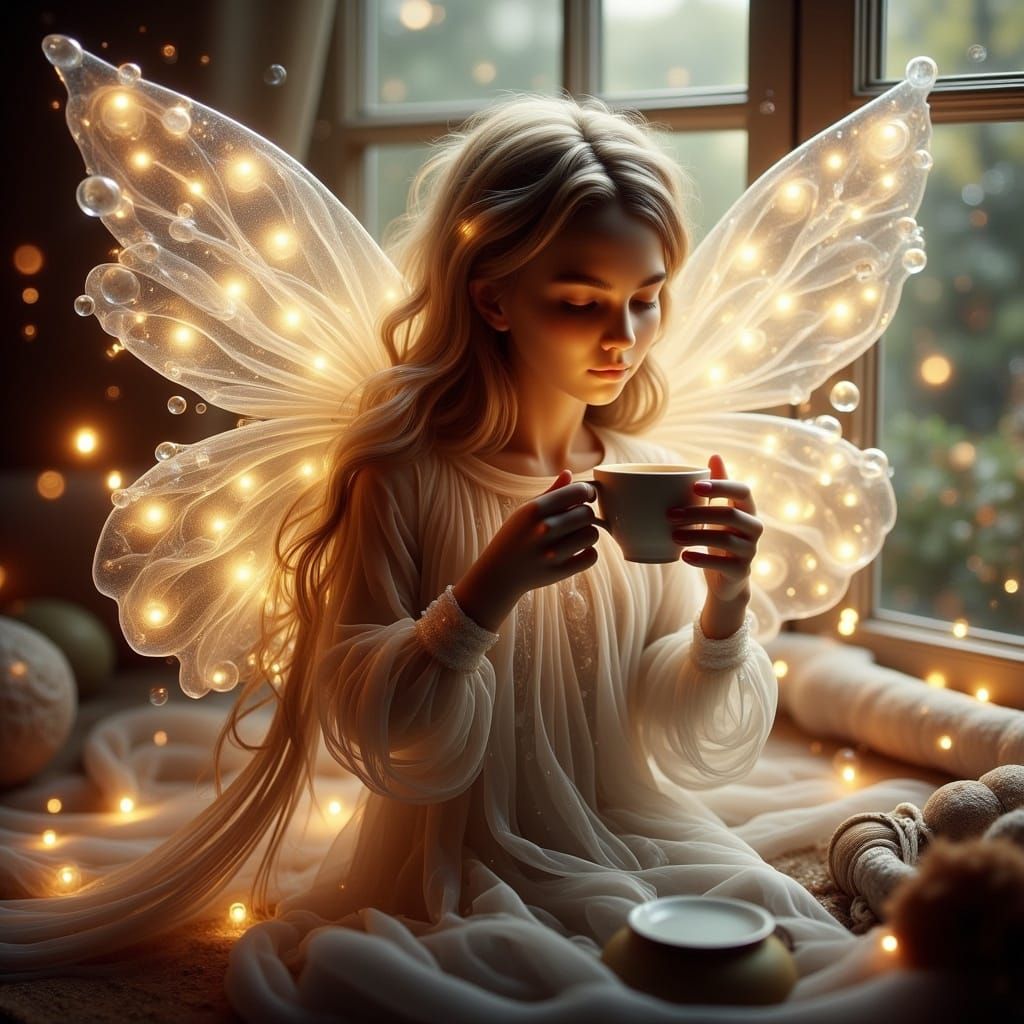 Christmas Angel Enjoys Morning Coffee