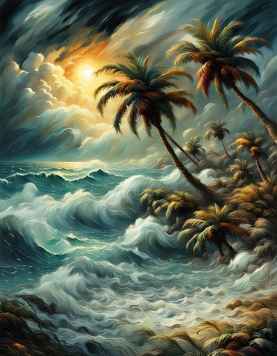 Tempestuous Palms: A Hyperdetailed Coastal Scene
