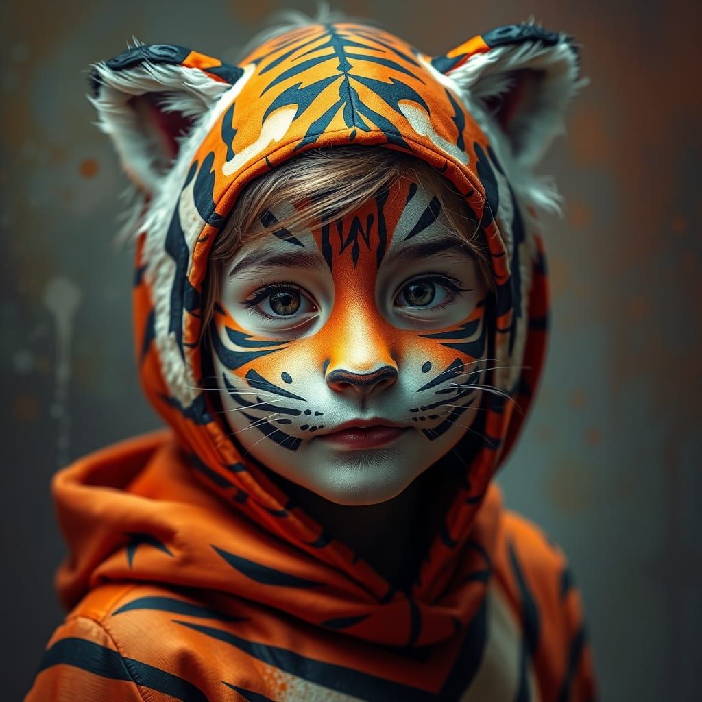 Girl in Tiger Costume: Hyperrealistic Digital Halloween Port...