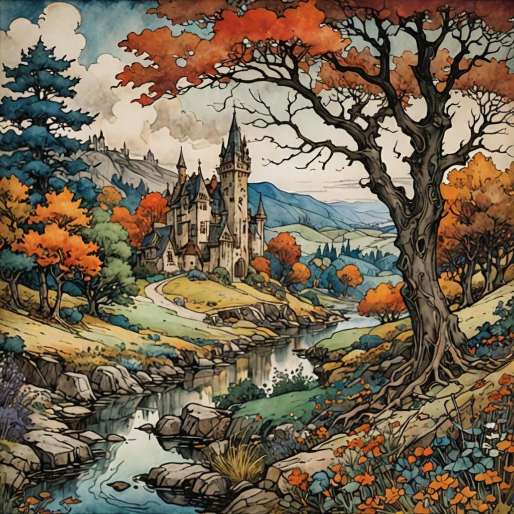 Enchanted Autumn Landscape in Rackham Style