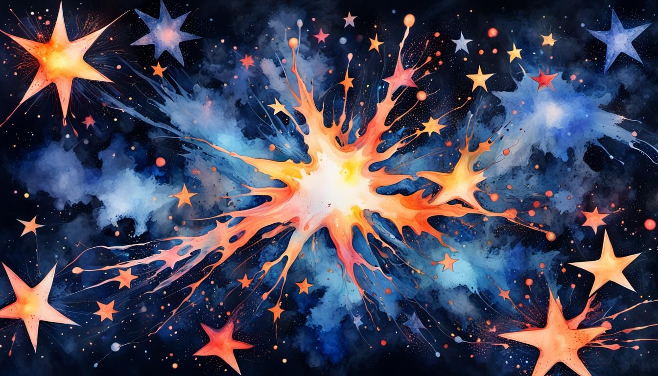 Vivid Watercolor Ink Splatter Stars in Electromagnetic Energ...