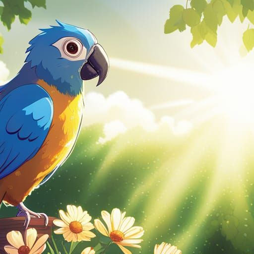 Blue Parrot with Flowers: Studio Ghibli Concept Art