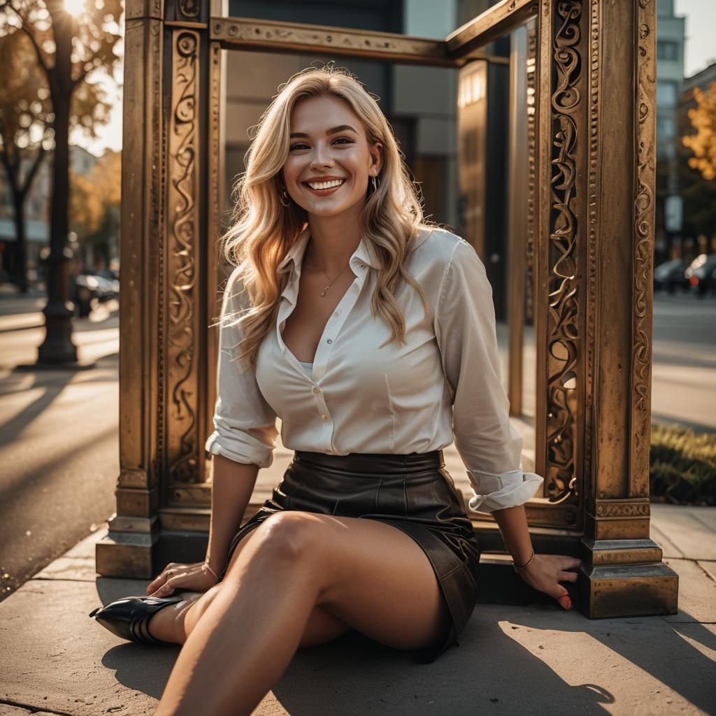 Smiling Blonde in Frame: Hyper-Realistic Fashion Portrait