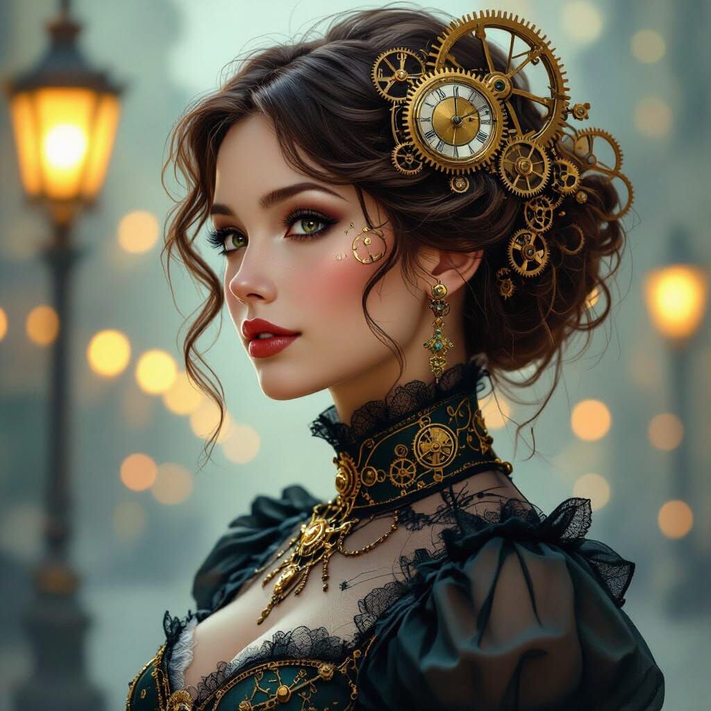 Steampunk Lady with Clockwork Hair, Art Nouveau Style