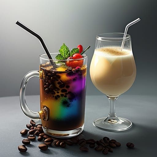 Coffee Beans in Glass with Rainbow Straw, Ethereal Lighting