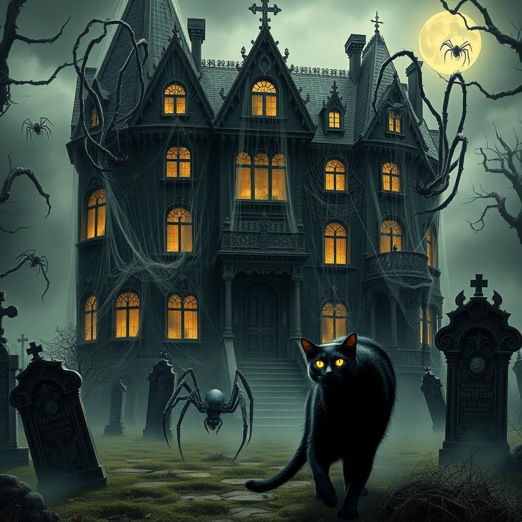 Gothic Mansion with Black Cat in Beksiński Style
