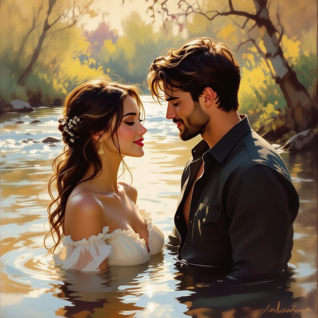Couple Gazing Warmly by Melted River in Golden Light
