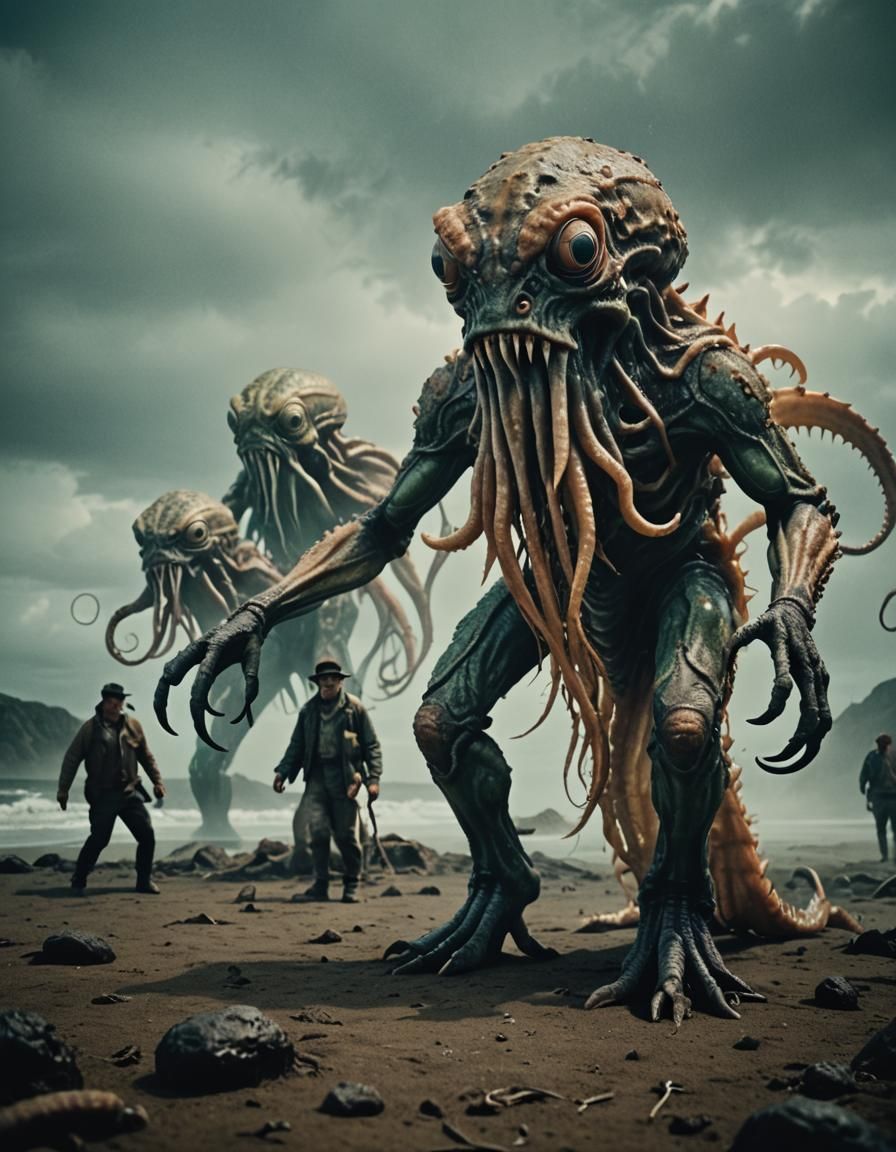 Hyperrealistic Squid Monsters in Cinematic Film Still