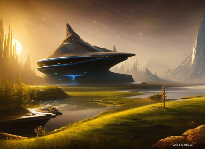 Alien Ship Lands in Russian Village: Detailed Matte Painting