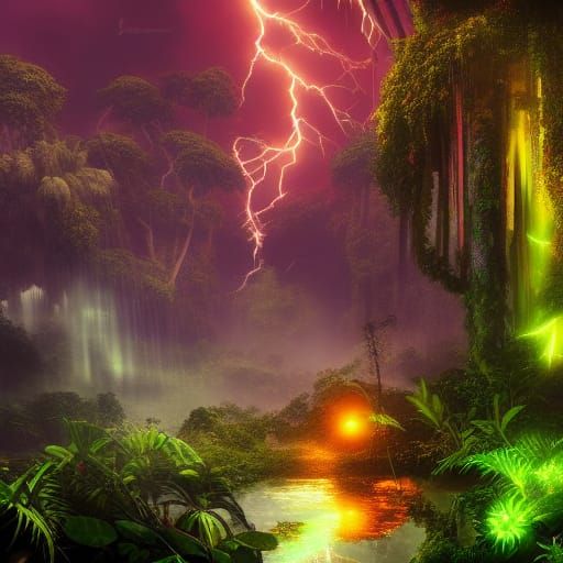Lush Jungle Scene with Parrots and Lightning